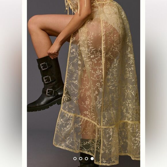 NWT By Anthropologie Sheer Short-Sleeve Organza Maxi Dress Canary Medium - Picture 11 of 14